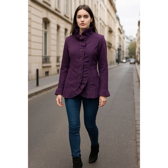 Kare Ruffle Button Jacket Med Purple Romantic Cottagecore Retro Glam Blazer - Picture 1 of 8
